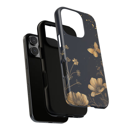 Gold Floral Butterfly Phone Case, Dark Aesthetic Botanical, Elegant Black Luxury iPhone Samsung Cover