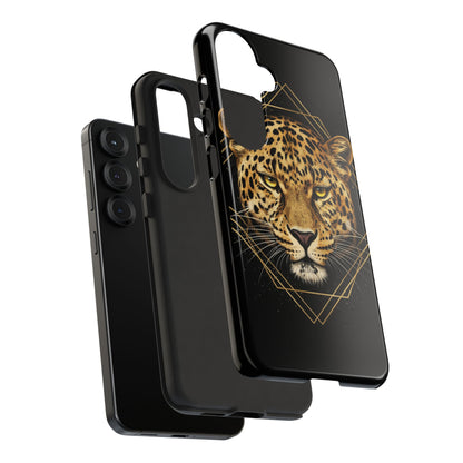 Leopard Head Geometric Phone Case – Black & Gold Luxe Tough Case