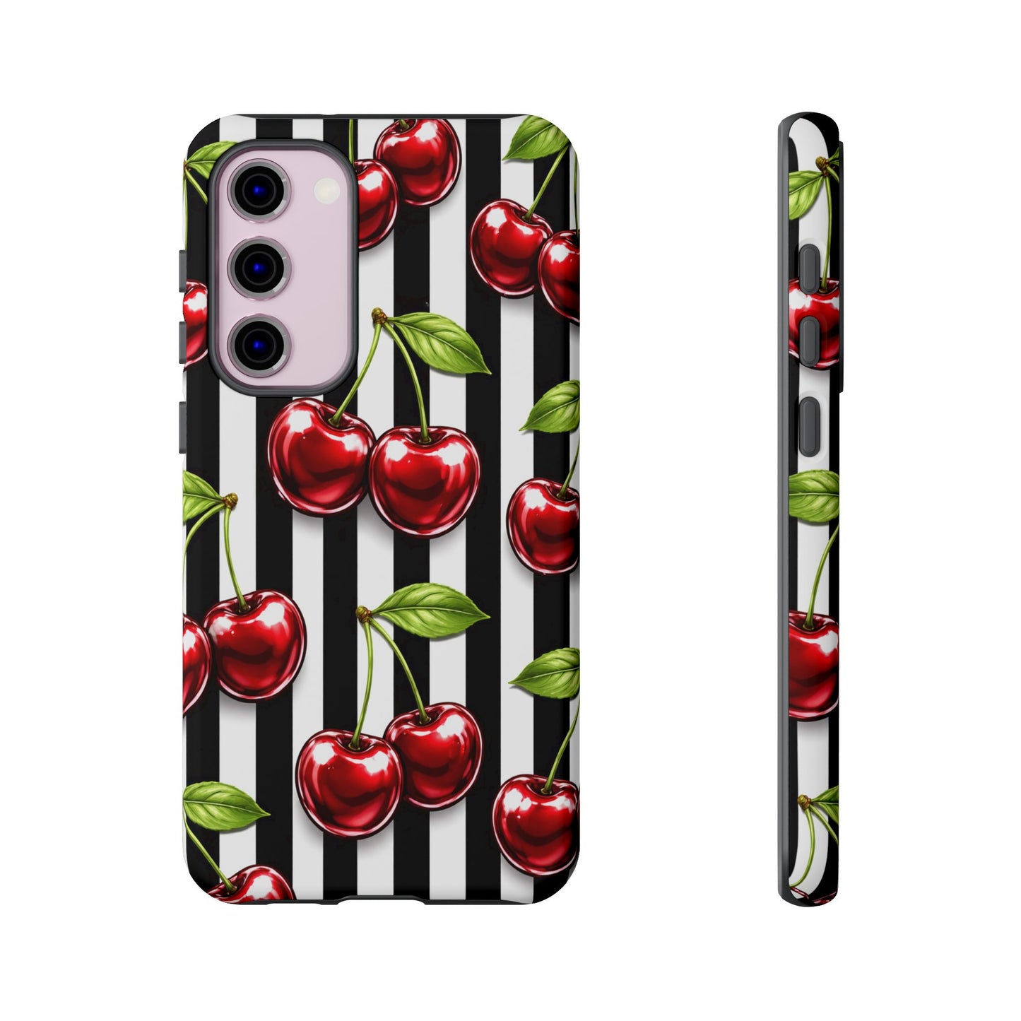 Cherry Pattern Phone Case Black White Stripe Retro Aesthetic Tough Cover