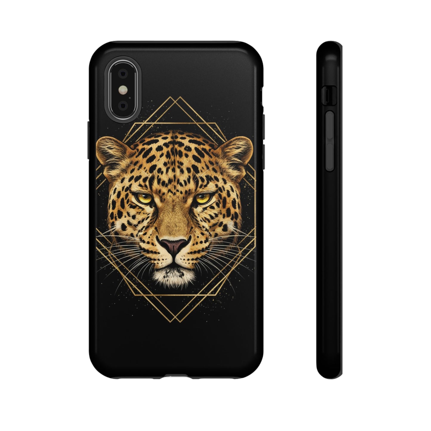Leopard Head Geometric Phone Case – Black & Gold Luxe Tough Case
