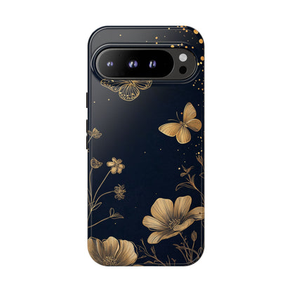 Gold Floral Butterfly Phone Case, Dark Aesthetic Botanical, Elegant Black Luxury iPhone Samsung Cover