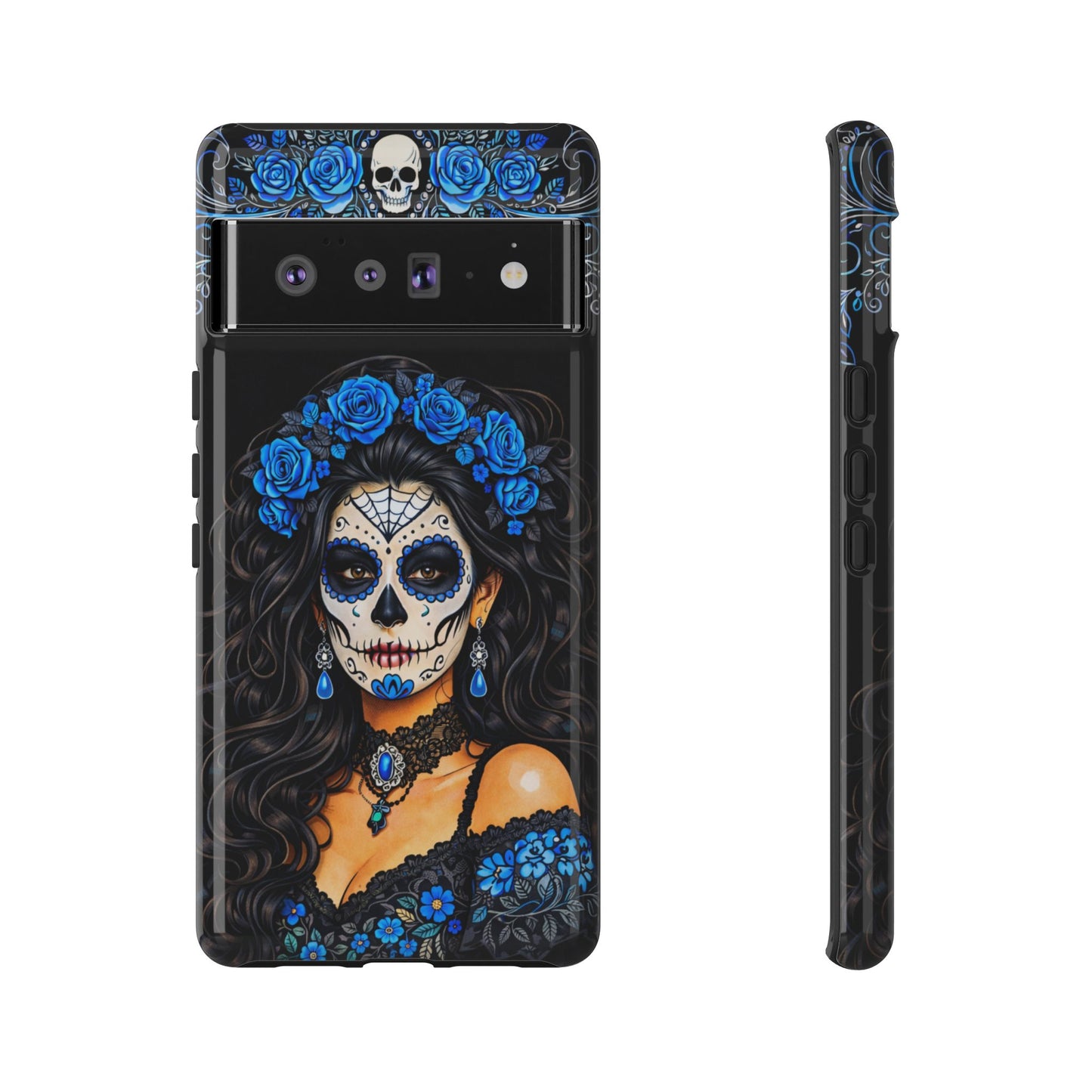 Blue Sugar Skull Woman Phone Case – Day of the Dead Aesthetic Tough Cover