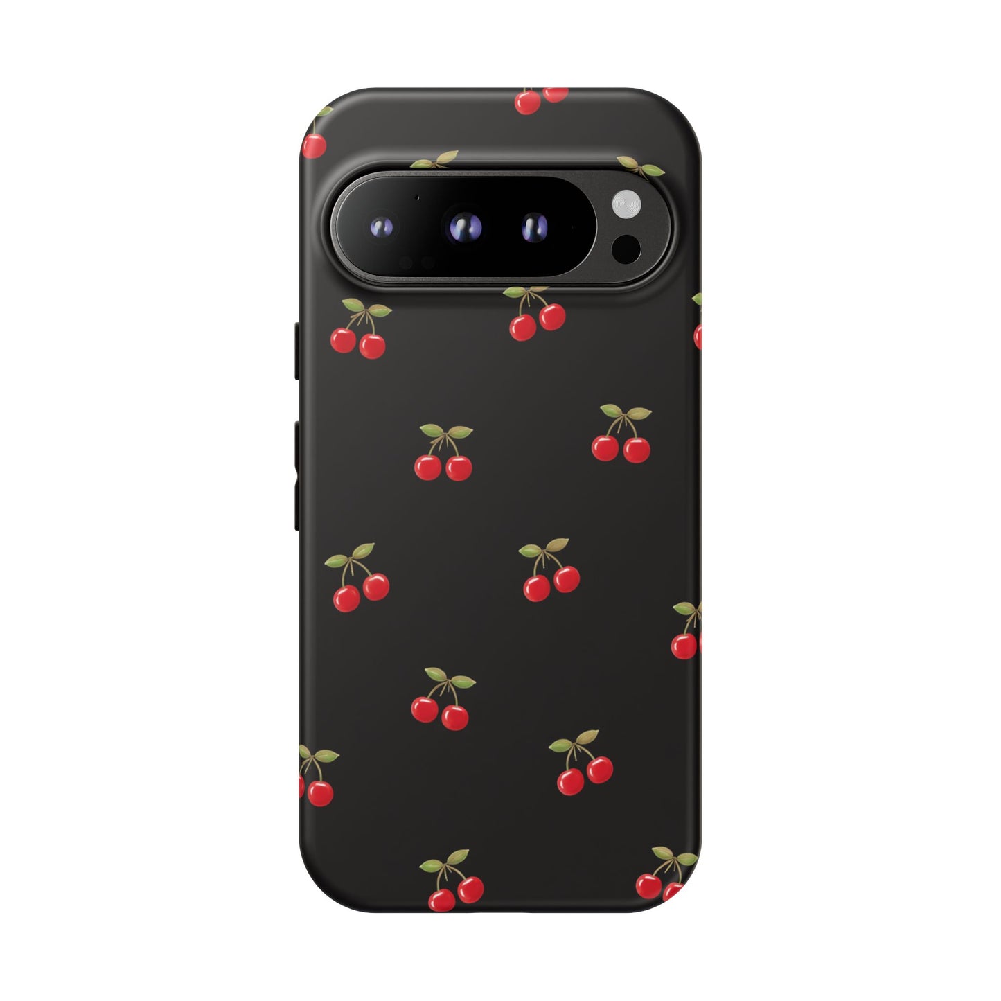 Cherry Pattern Phone Case — Slim Black Protective iPhone Case with Red Cherries for Iphone, Samsung Galaxy and Pixel