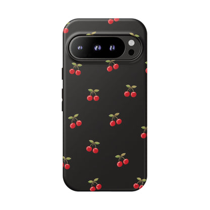 Cherry Pattern Phone Case — Slim Black Protective iPhone Case with Red Cherries for Iphone, Samsung Galaxy and Pixel