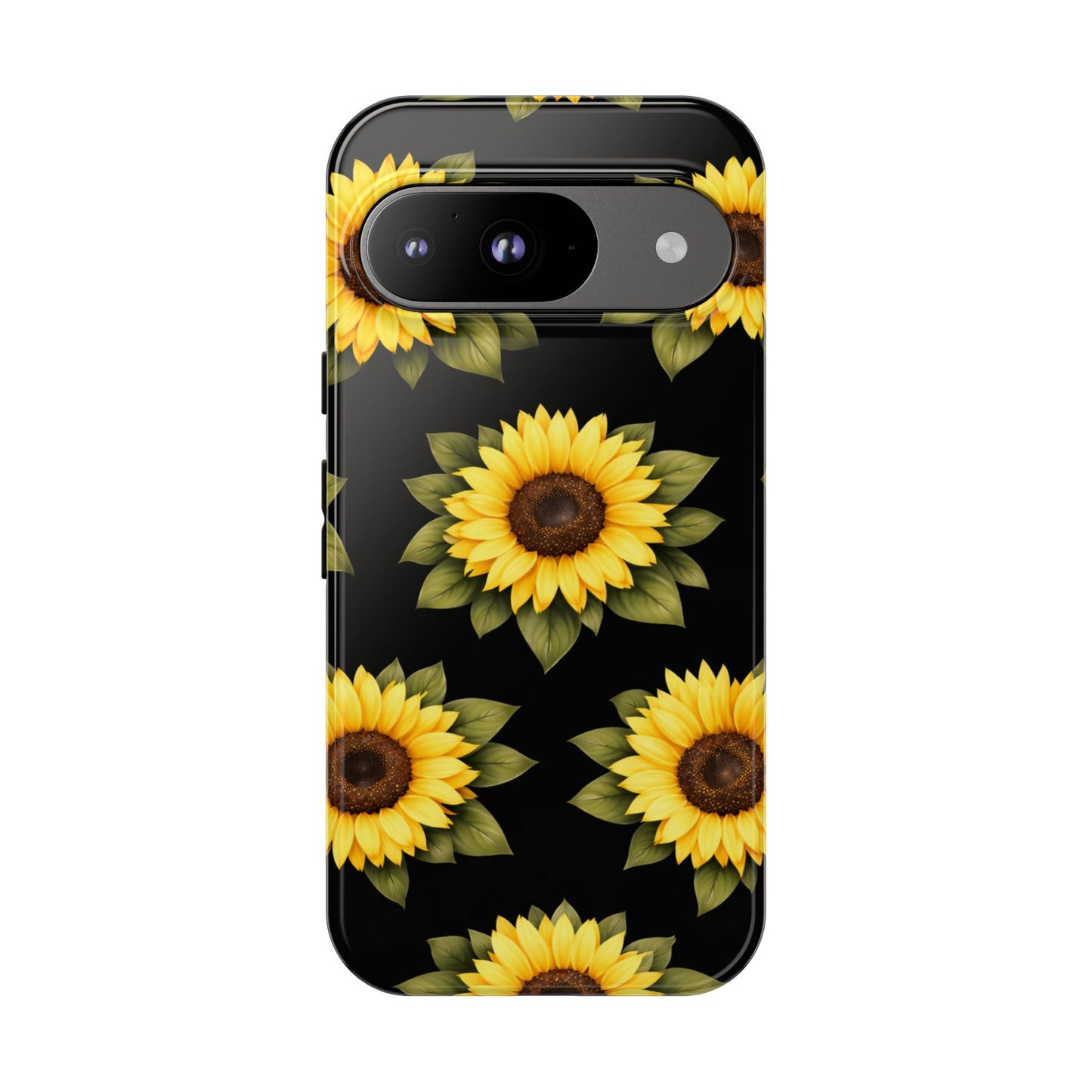 Sunflower Floral Tough Phone Case – Black Background Protective Cover for Iphone, Samsung Galaxy and Pixel