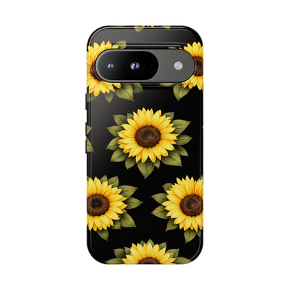 Sunflower Floral Tough Phone Case – Black Background Protective Cover for Iphone, Samsung Galaxy and Pixel
