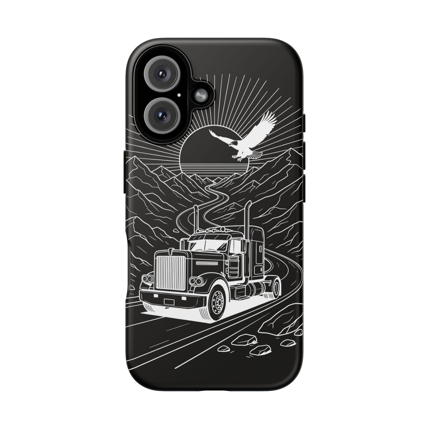 Trucker Highway Phone Case | Eagle & Mountain Line Art | Black Western Tough Case