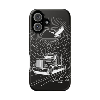 Trucker Highway Phone Case | Eagle & Mountain Line Art | Black Western Tough Case