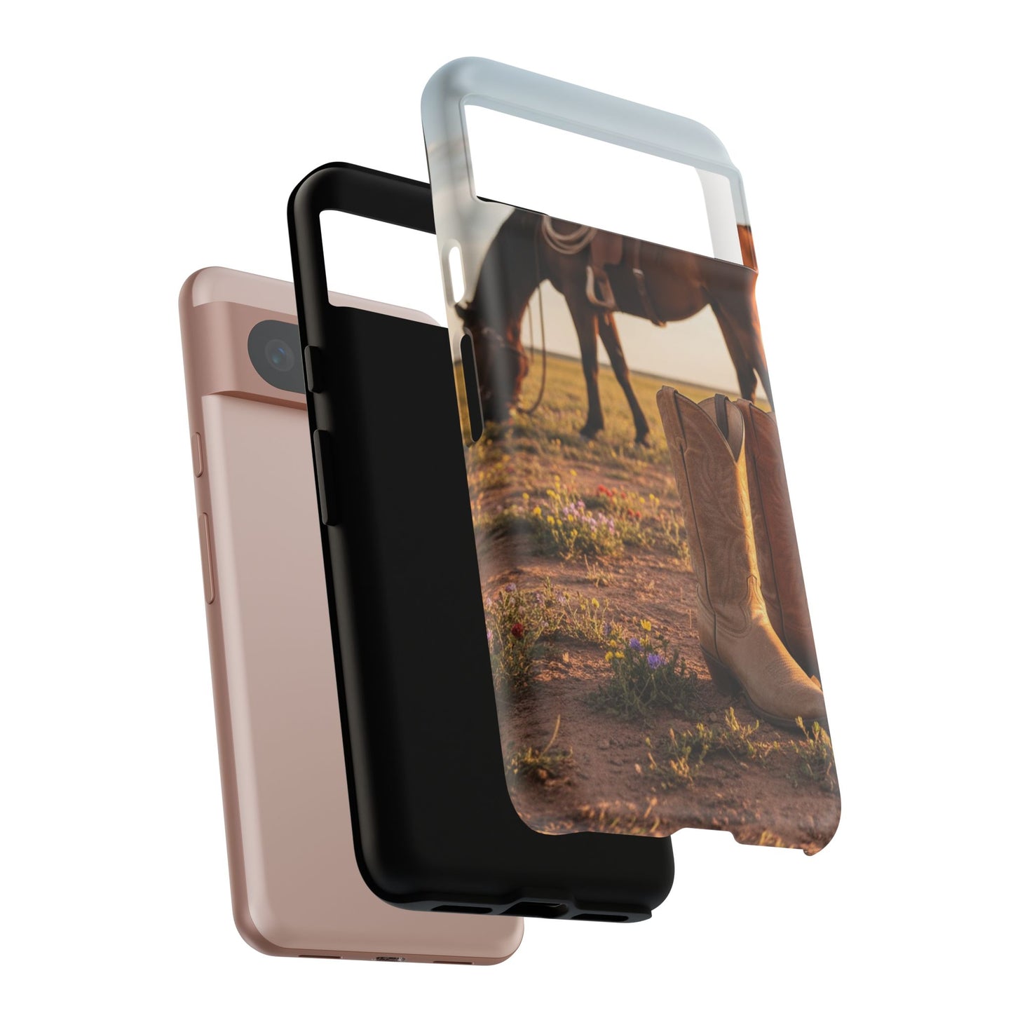 Western Cowboy Boots Phone Case – Rustic Horse Sunset Tough Case (iPhone, Samsung, Pixel)