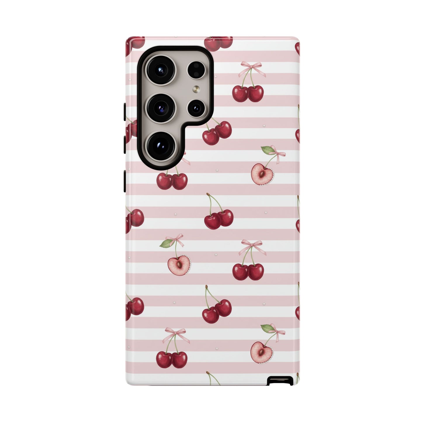 Pink Cherry Stripe Phone Case | Cute Coquette Aesthetic Protective Tough Case