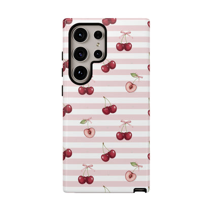 Pink Cherry Stripe Phone Case | Cute Coquette Aesthetic Protective Tough Case