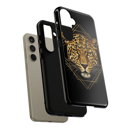 Leopard Head Geometric Phone Case – Black & Gold Luxe Tough Case