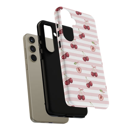 Pink Cherry Stripe Phone Case | Cute Coquette Aesthetic Protective Tough Case