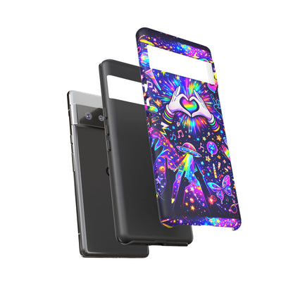 Rainbow Heart Hands Phone Case – Neon Galaxy EDM Festival Tough Cover