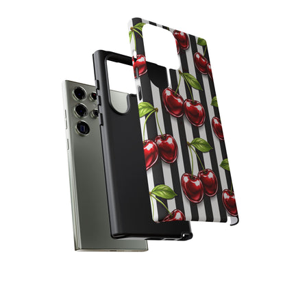Cherry Pattern Phone Case Black White Stripe Retro Aesthetic Tough Cover