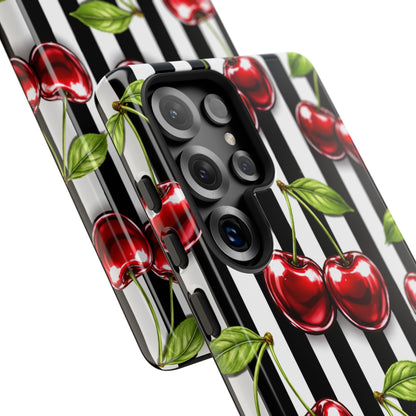 Cherry Pattern Phone Case Black White Stripe Retro Aesthetic Tough Cover