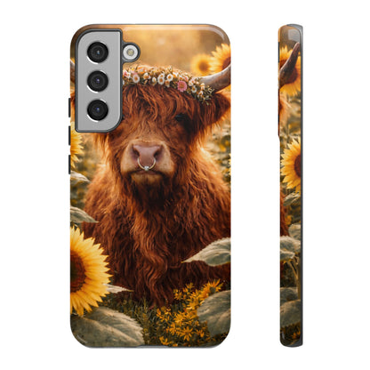 Highland Cow Sunflower Phone Case | Floral Farmhouse iPhone, Samsung Galaxy and Pixel Cover