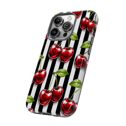 Cherry Pattern Phone Case Black White Stripe Retro Aesthetic Tough Cover