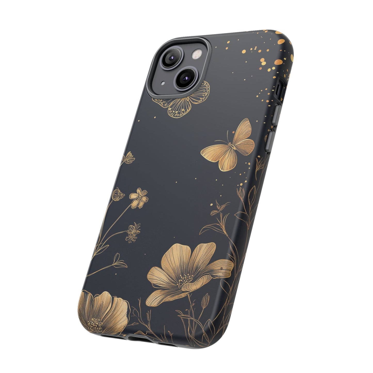 Gold Floral Butterfly Phone Case, Dark Aesthetic Botanical, Elegant Black Luxury iPhone Samsung Cover