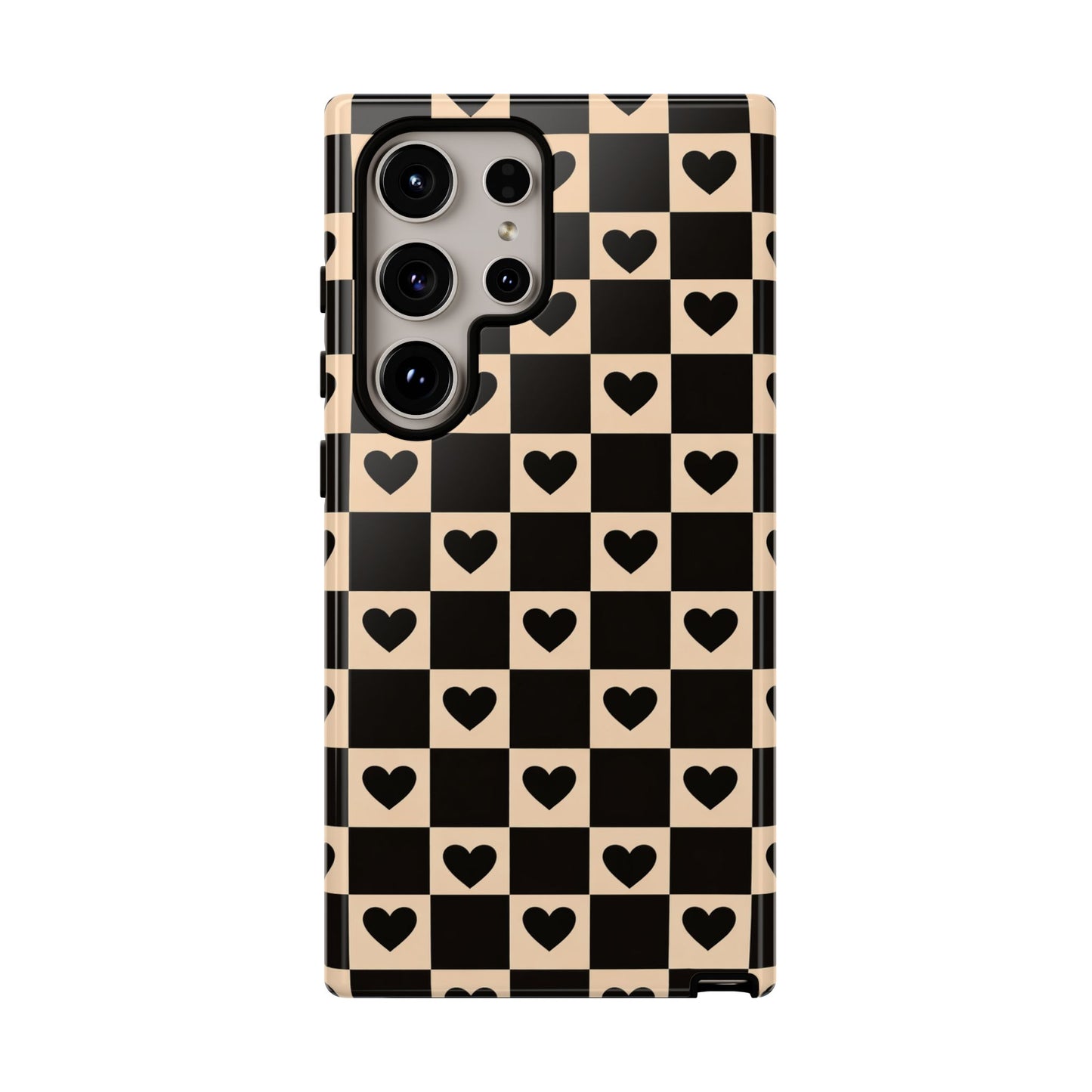 Checkerboard Heart Phone Case – Black & Beige Cute Aesthetic Protective Cover for Iphone, Samsung Galaxy and Pixel
