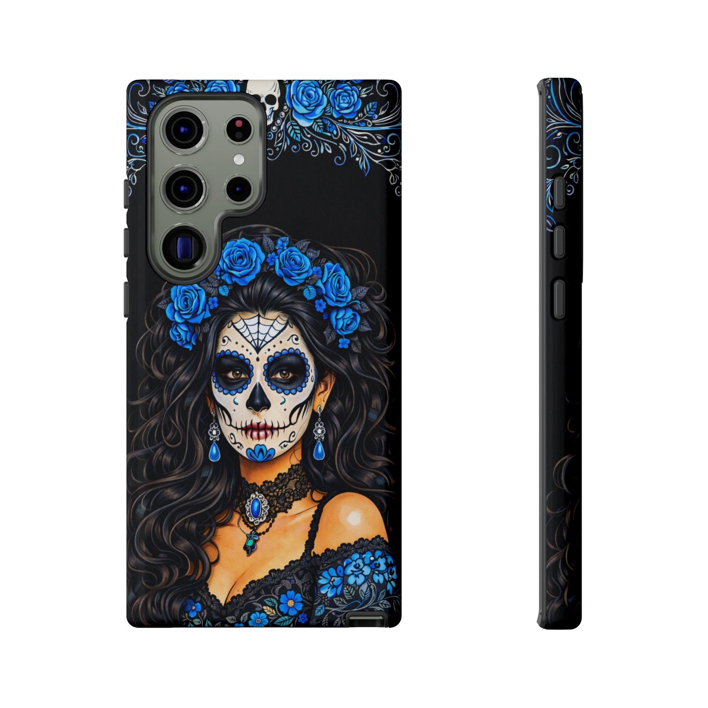 Blue Sugar Skull Woman Phone Case – Day of the Dead Aesthetic Tough Cover
