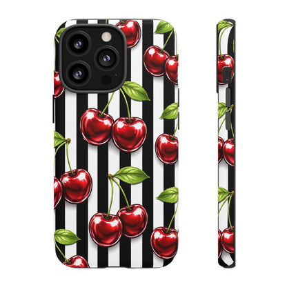 Cherry Pattern Phone Case Black White Stripe Retro Aesthetic Tough Cover