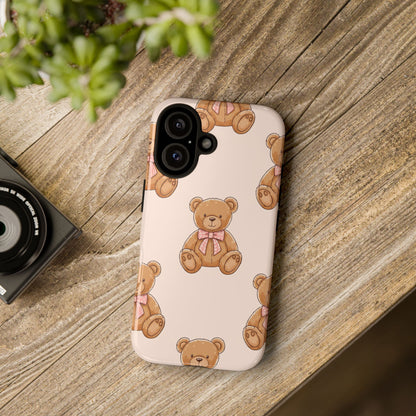 Teddy Bear Phone Case | Cute Coquette Aesthetic Pink Bear Pattern Case | Kawaii Soft Girl iPhone & Samsung Tough Protective Case