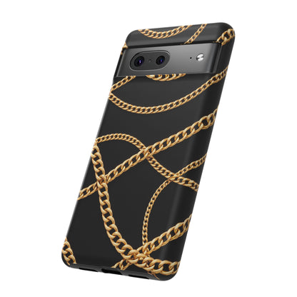 Luxury Gold Chain Phone Case – Black Designer Style Tough Protective Cover for Iphone, Samsung Galaxy and Pixel