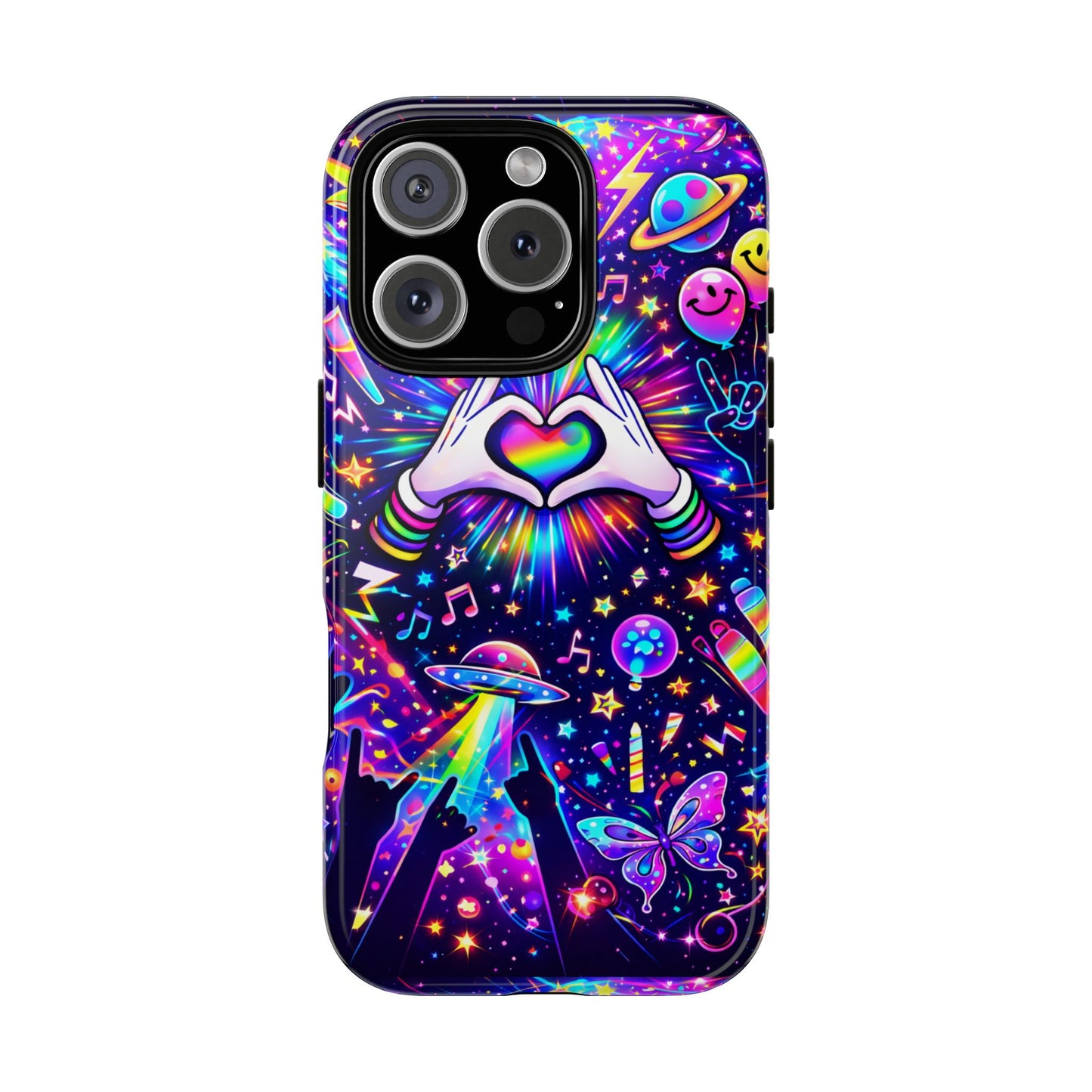 Rainbow Heart Hands Phone Case – Neon Galaxy EDM Festival Tough Cover
