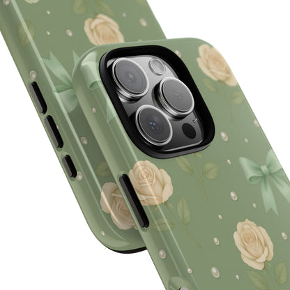 Vintage Rose Bow Phone Case – Sage Green Floral Coquette Aesthetic Tough Case (iPhone, Samsung, Pixel)