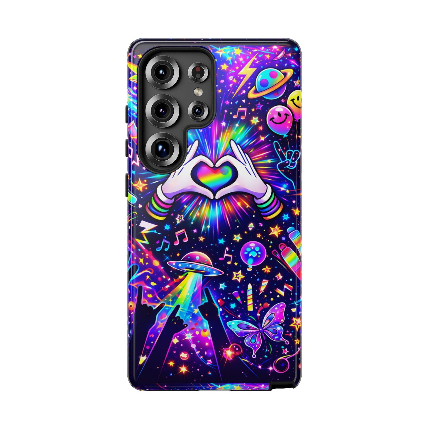 Rainbow Heart Hands Phone Case – Neon Galaxy EDM Festival Tough Cover