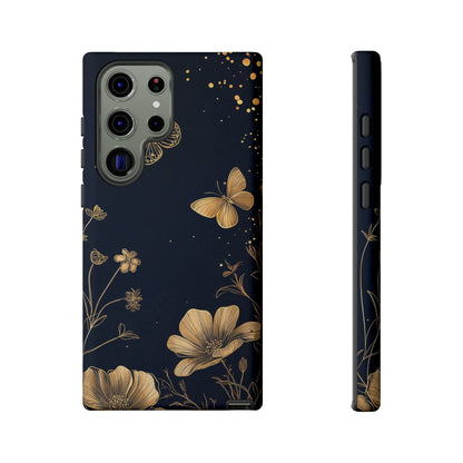 Gold Floral Butterfly Phone Case, Dark Aesthetic Botanical, Elegant Black Luxury iPhone Samsung Cover