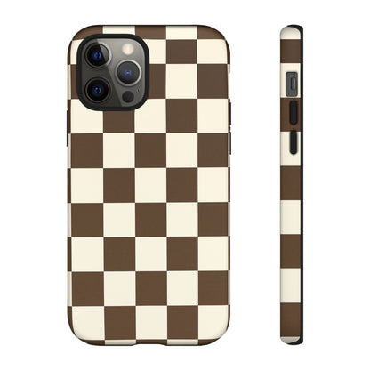Mocha Checkerboard Phone Case | Neutral Aesthetic Checkered iPhone & Samsung Tough Case