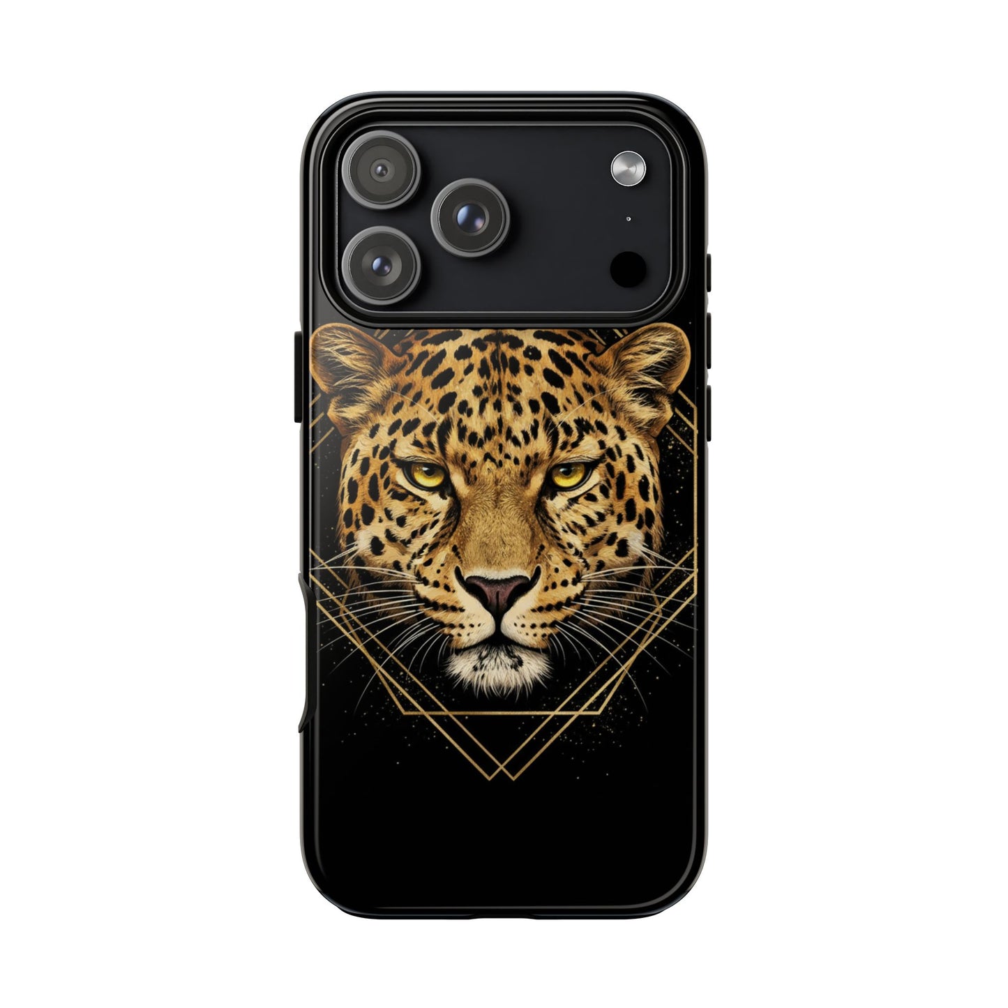 Leopard Head Geometric Phone Case – Black & Gold Luxe Tough Case
