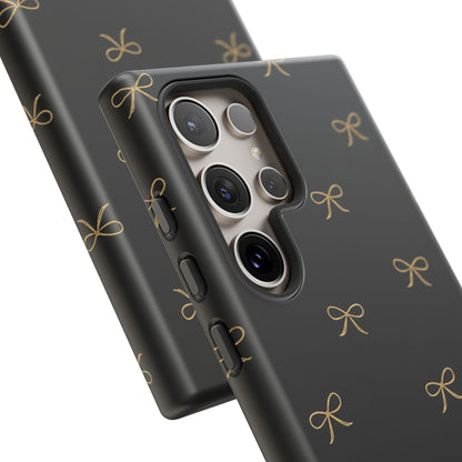 Black Phone Case with Gold Bow Pattern – Slim Protective Cute Aesthetic Cover for Iphone, Samsung Galaxy and Pixel