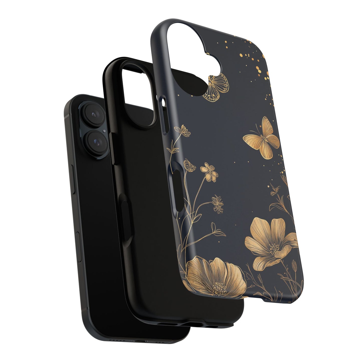 Gold Floral Butterfly Phone Case, Dark Aesthetic Botanical, Elegant Black Luxury iPhone Samsung Cover