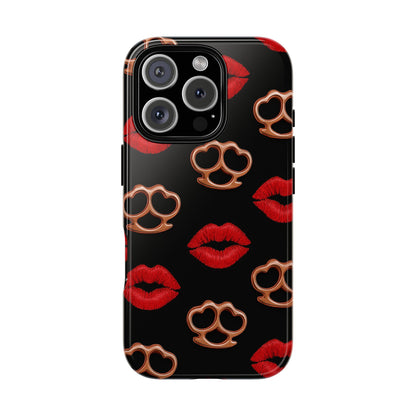 Red Lipstick & Knuckle Duster Phone Case | Bold Kiss Print Tough Protective Cover for Iphone, Samsung Galaxy and Pixel