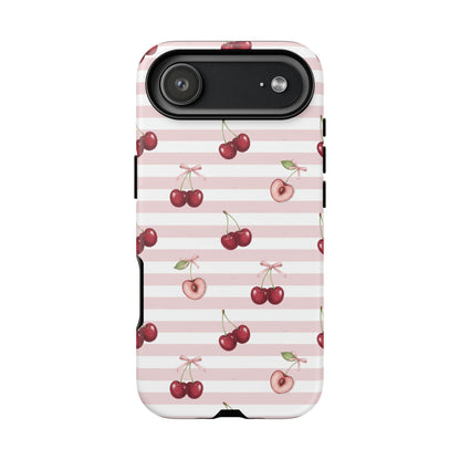 Pink Cherry Stripe Phone Case | Cute Coquette Aesthetic Protective Tough Case