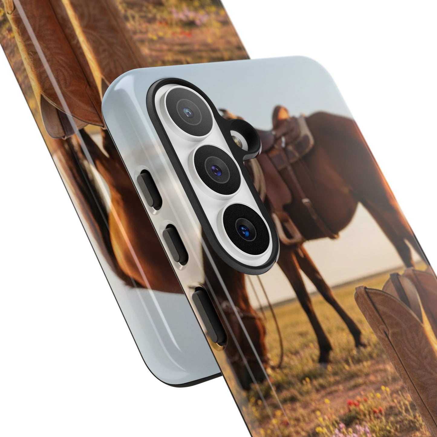 Western Cowboy Boots Phone Case – Rustic Horse Sunset Tough Case (iPhone, Samsung, Pixel)
