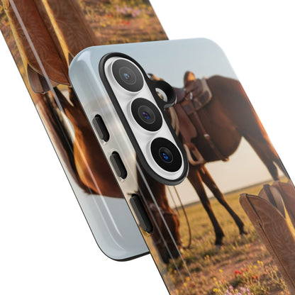 Western Cowboy Boots Phone Case – Rustic Horse Sunset Tough Case (iPhone, Samsung, Pixel)