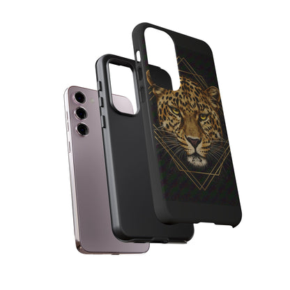 Leopard Head Geometric Phone Case – Black & Gold Luxe Tough Case