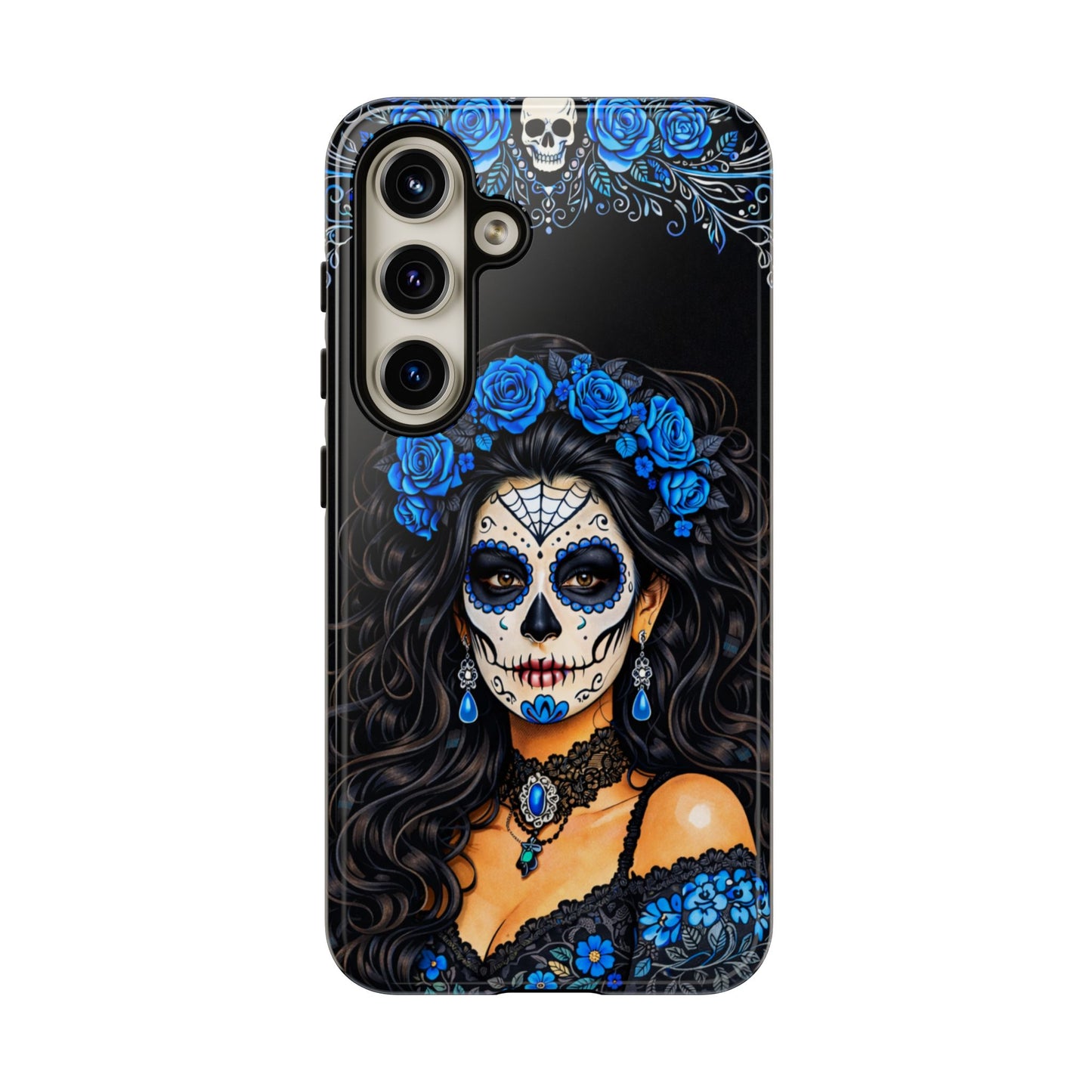 Blue Sugar Skull Woman Phone Case – Day of the Dead Aesthetic Tough Cover
