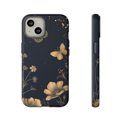 Gold Floral Butterfly Phone Case, Dark Aesthetic Botanical, Elegant Black Luxury iPhone Samsung Cover