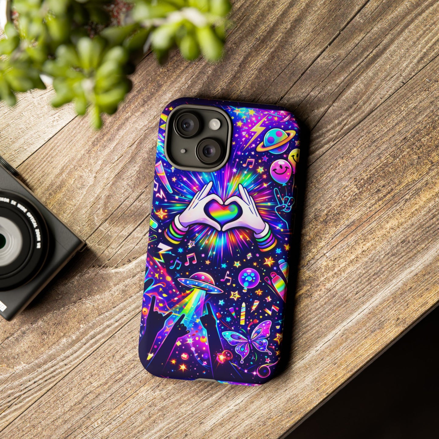 Rainbow Heart Hands Phone Case – Neon Galaxy EDM Festival Tough Cover