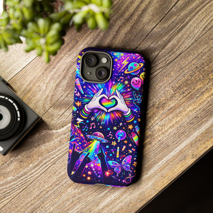 Rainbow Heart Hands Phone Case – Neon Galaxy EDM Festival Tough Cover