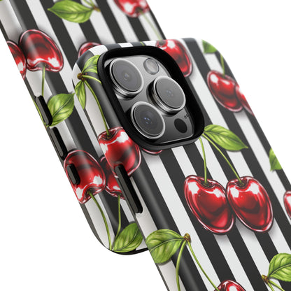 Cherry Pattern Phone Case Black White Stripe Retro Aesthetic Tough Cover