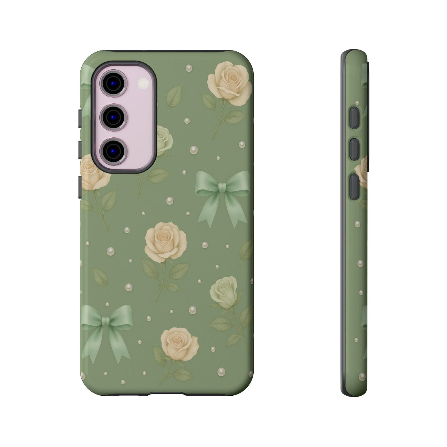 Vintage Rose Bow Phone Case – Sage Green Floral Coquette Aesthetic Tough Case (iPhone, Samsung, Pixel)