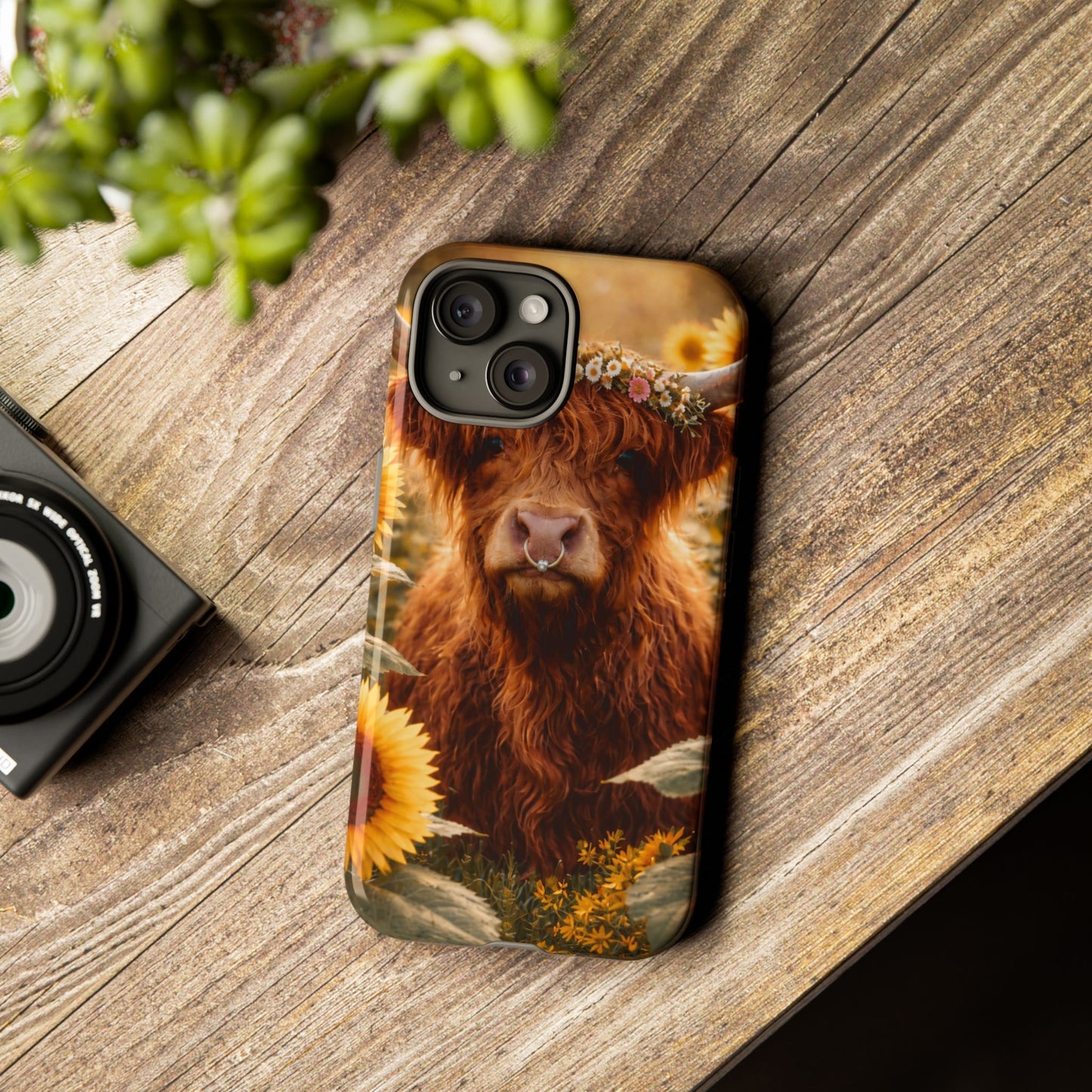 Highland Cow Sunflower Phone Case | Floral Farmhouse iPhone, Samsung Galaxy and Pixel Cover