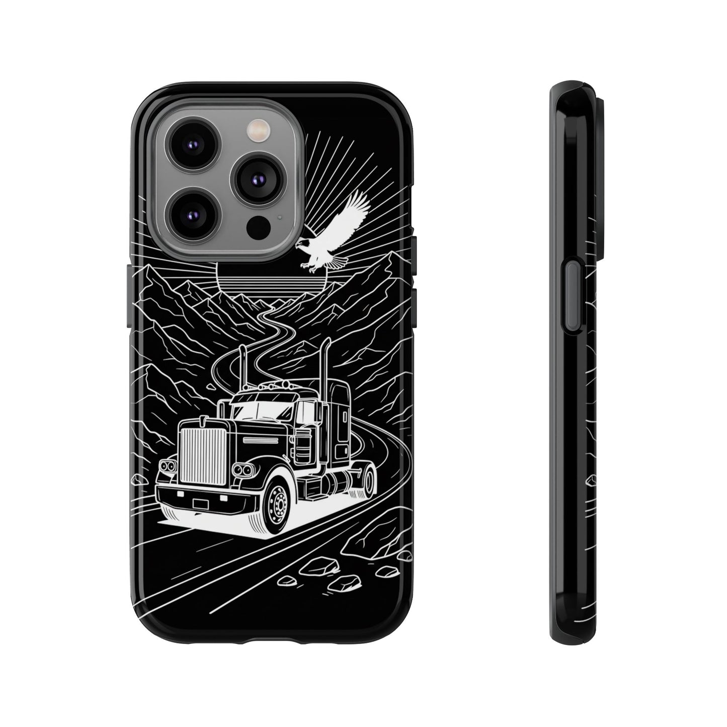 Trucker Highway Phone Case | Eagle & Mountain Line Art | Black Western Tough Case