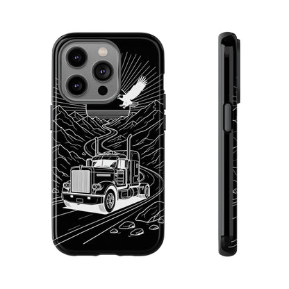 Trucker Highway Phone Case | Eagle & Mountain Line Art | Black Western Tough Case